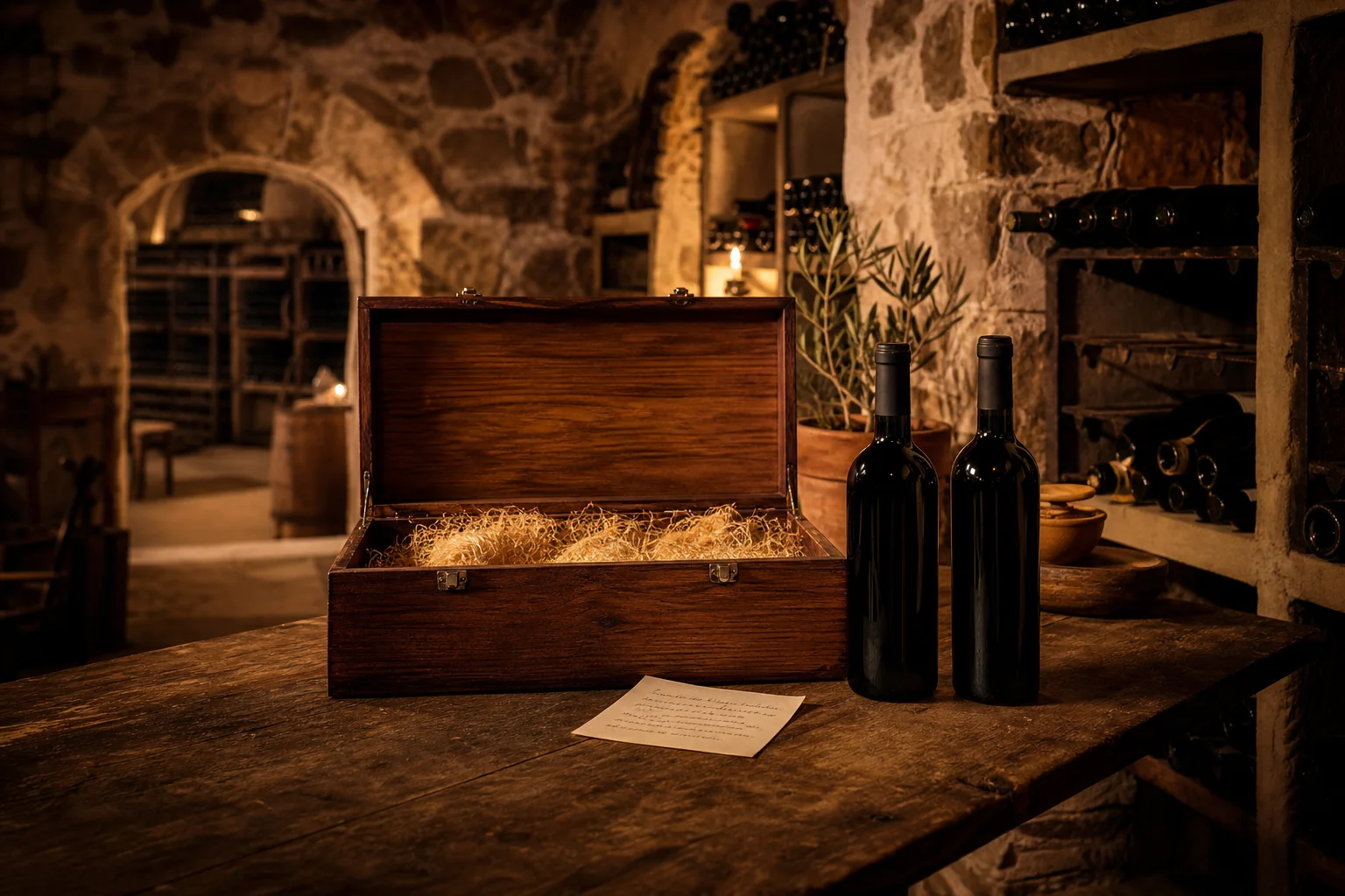 Cofanetti regalo e vino in una cantina italiana